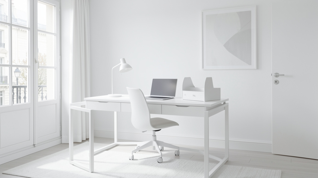 Bureau en blanc neige : Productivité et clarté dans un espace inspirant